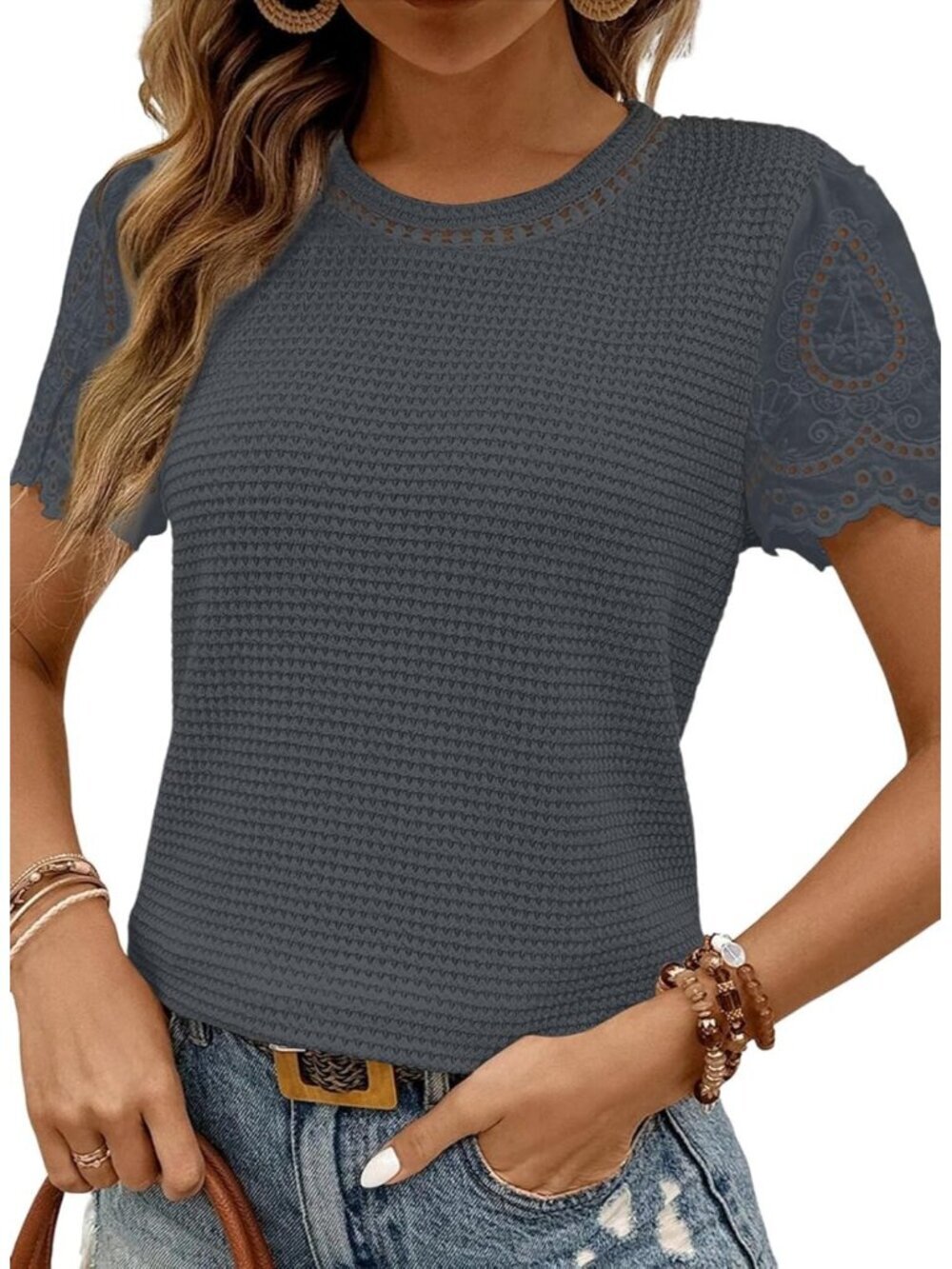 Women's  Dark Grey T Shirts Frenchy Summer Tops Crewneck Short Sleeve Top Shirts